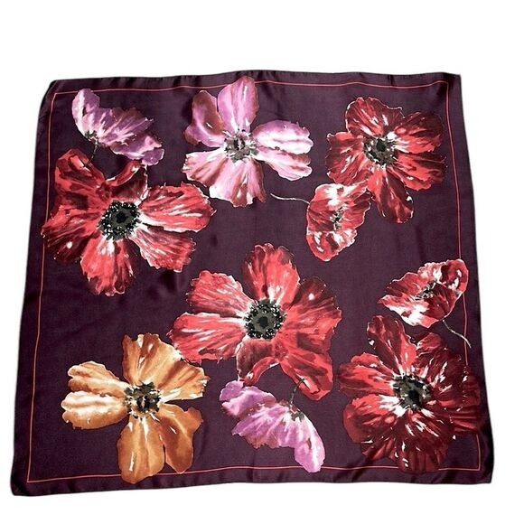 Ellen Tracy Silk Scarf Plum Color Poppy Flowers Print - Picture 3 of 11